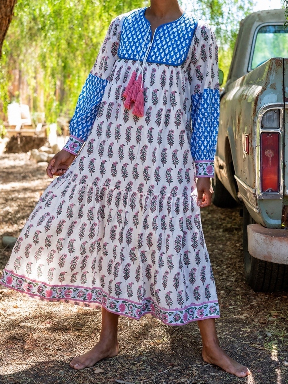 SZ Blockprints Jodhpur Dress Floral Block-Print Dress